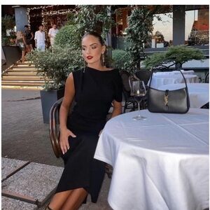 ZARA NAVY BLUE HIGH COLLAR DRAPED CAP SLEEVE WOOL BLEND MAXI DRESS REF. 8707/638